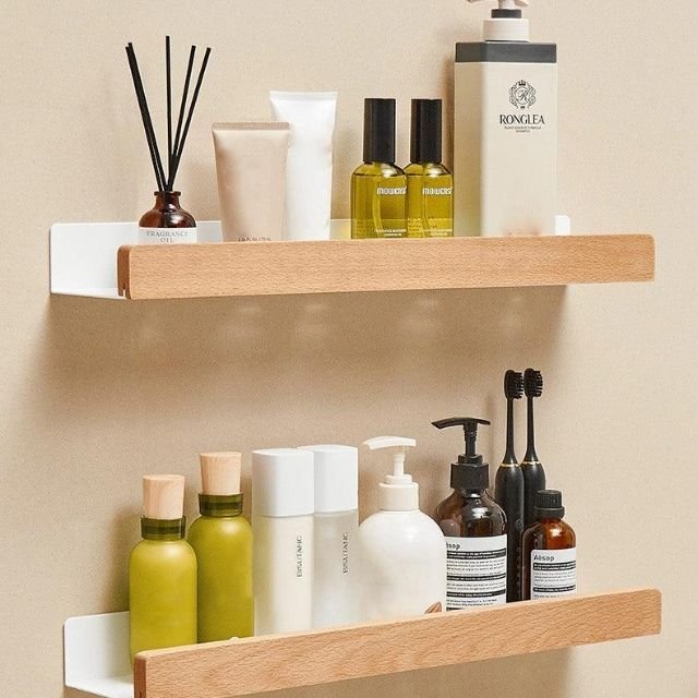Thermabuild | Rustic Solid Wood Corner Bathroom Shelf with Strong Adhesive Backing