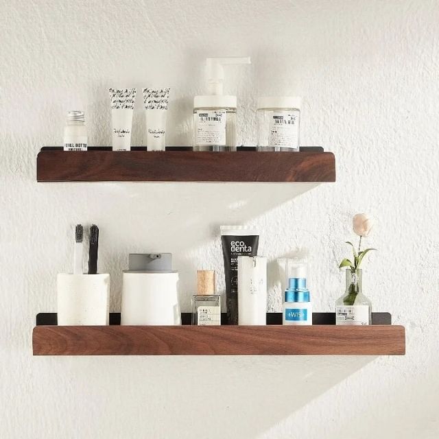 Thermabuild | Rustic Solid Wood Corner Bathroom Shelf with Strong Adhesive Backing