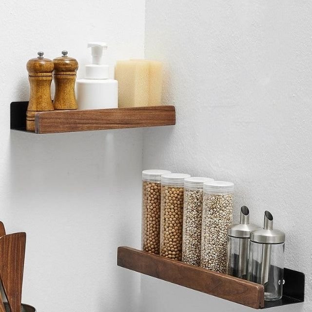 Thermabuild | Rustic Solid Wood Corner Bathroom Shelf with Strong Adhesive Backing