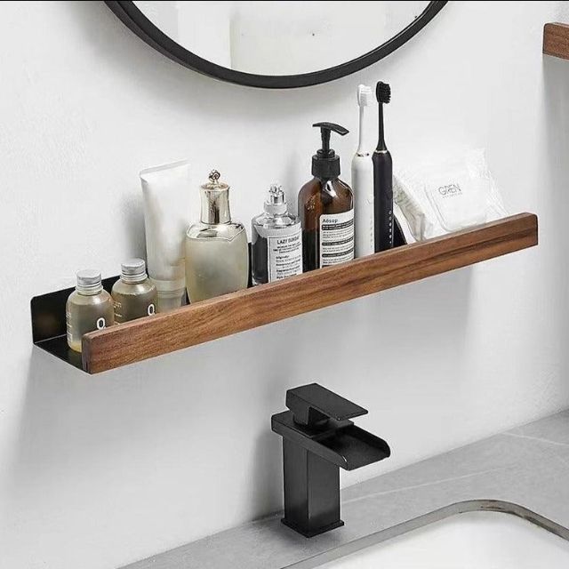Thermabuild | Rustic Solid Wood Corner Bathroom Shelf with Strong Adhesive Backing