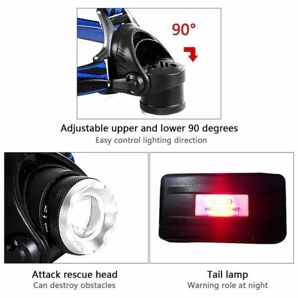 Thermabuild | 990000LM Rechargeable LED Headlamp Zoomable Torch Tactical Headlight Flashlight