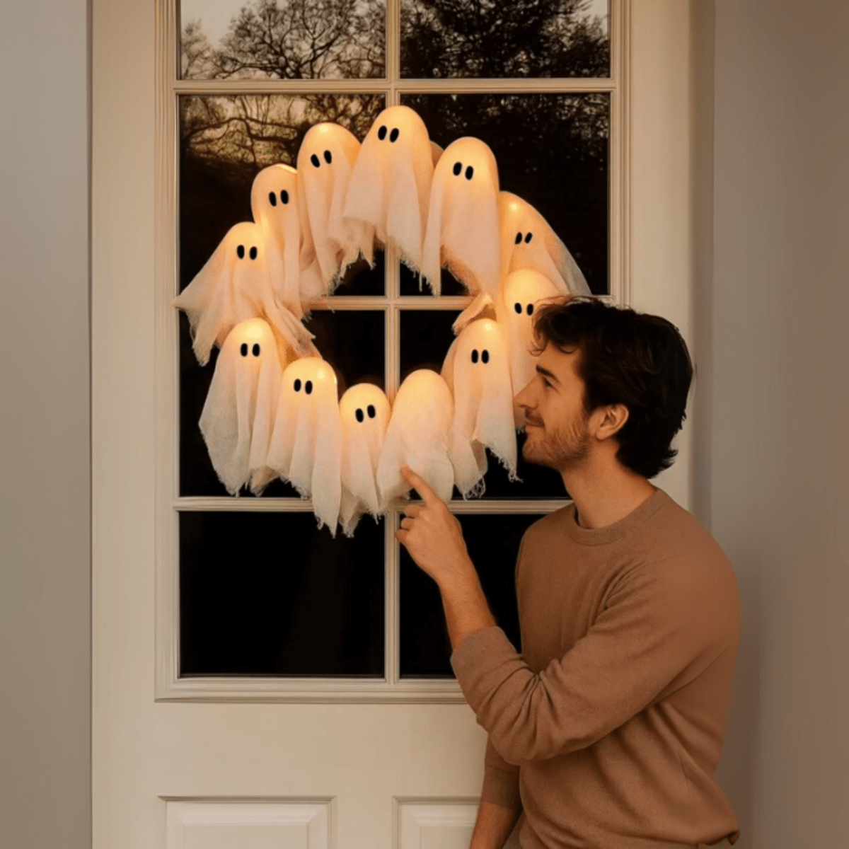 Thermabuild | LED Ghost Wreath with 12 Illuminated Spirits