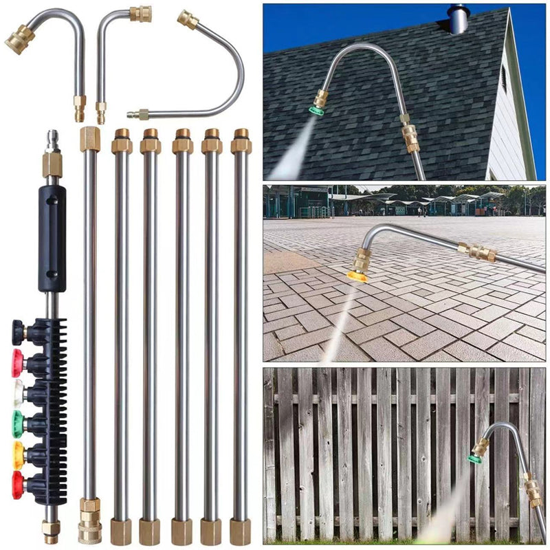 Thermabuild | High Pressure Washer Wand Extension Set 4000 PSI - Stainless Steel Power Cleaning Rod with 6 Spray Nozzles and Curved Gutter Attachment