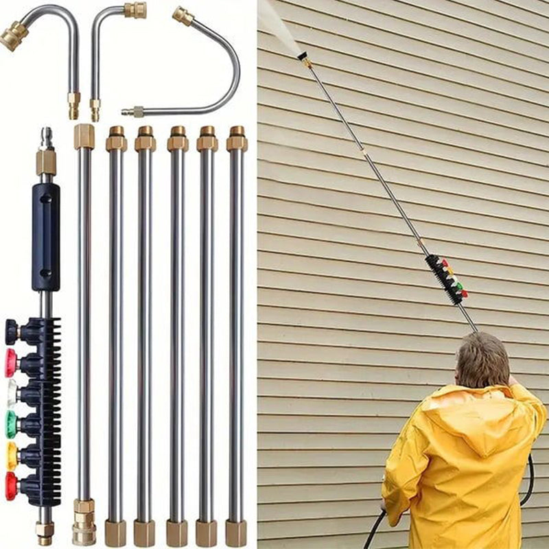 Thermabuild | High Pressure Washer Wand Extension Set 4000 PSI - Stainless Steel Power Cleaning Rod with 6 Spray Nozzles and Curved Gutter Attachment