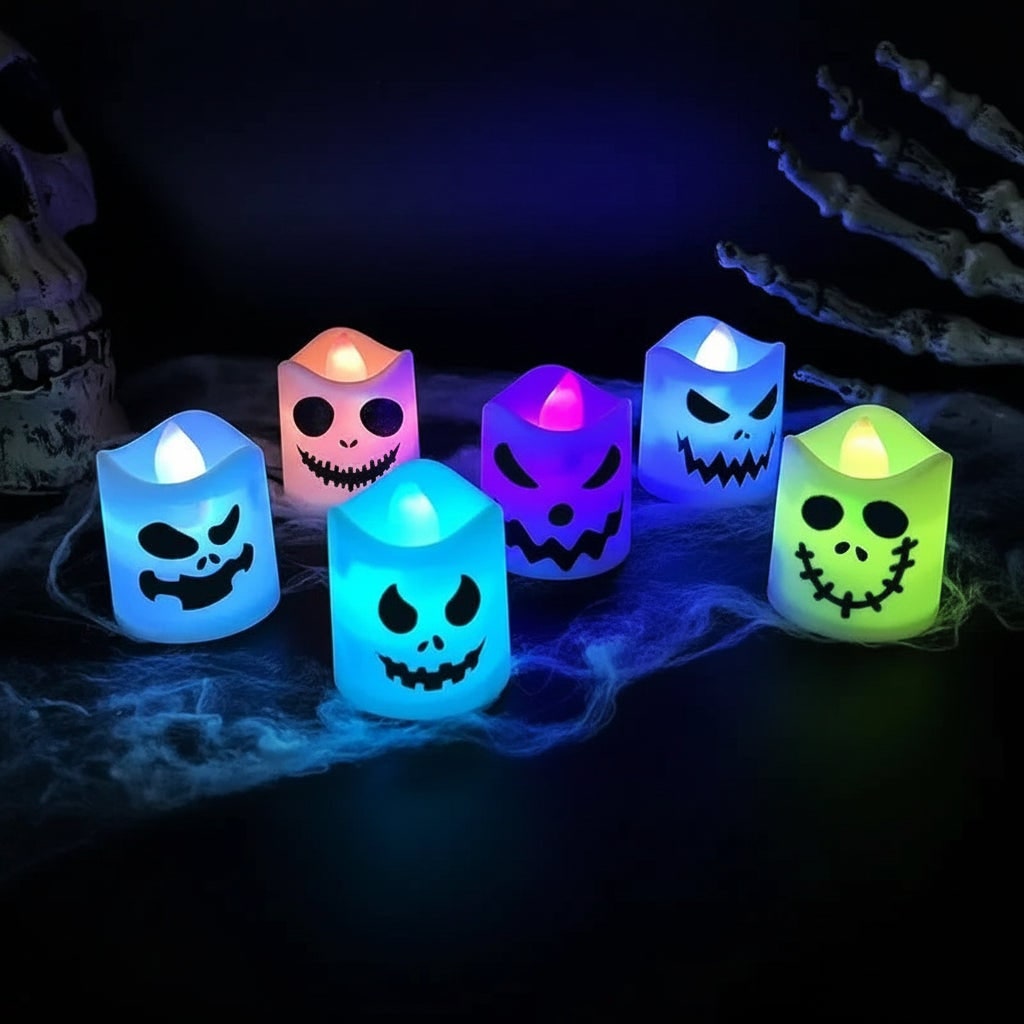 Thermabuild | Halloween Decorations Battery Operated Color Changing LED Tea Lights with Spooky Faces