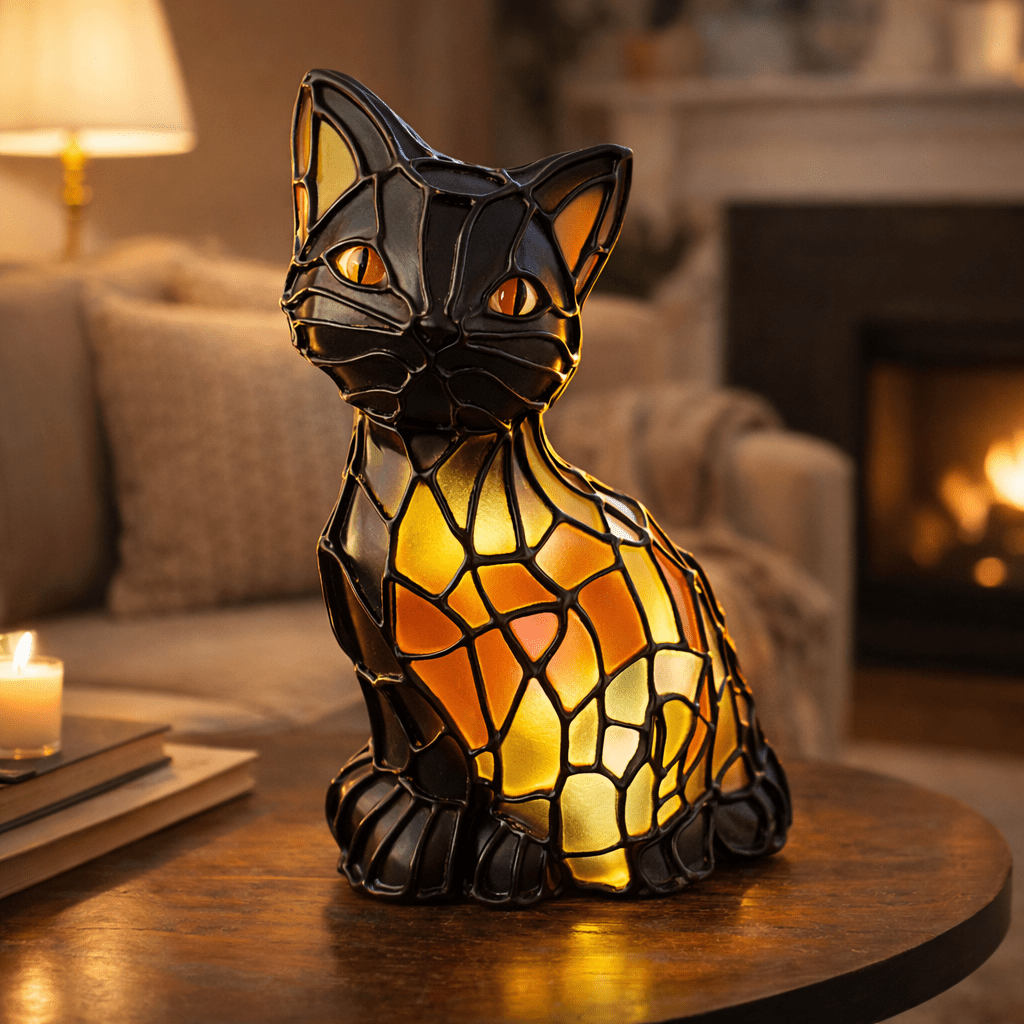Thermabuild | Artistic Tiffany-Style Cat Table Lamp with Warm Amber Glow