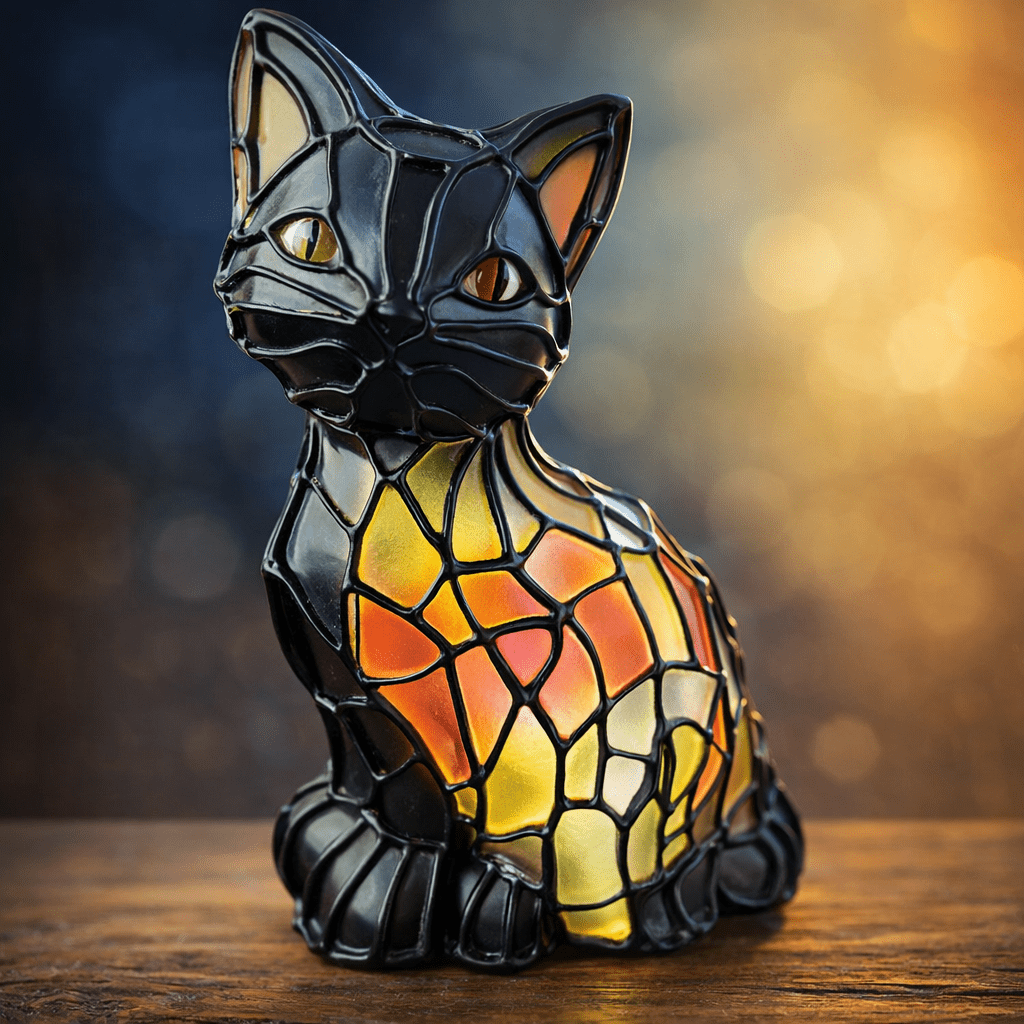 Thermabuild | Artistic Tiffany-Style Cat Table Lamp with Warm Amber Glow