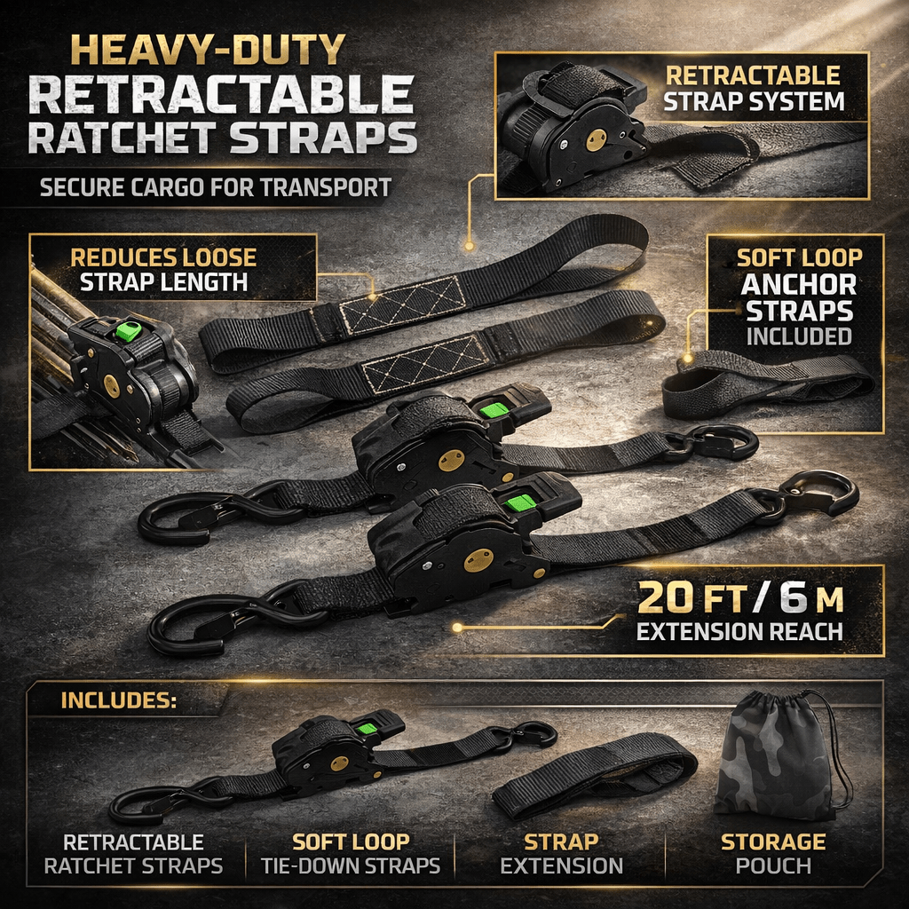 Thermabuild | Heavy Duty Retractable Ratchet Straps for Cargo Security