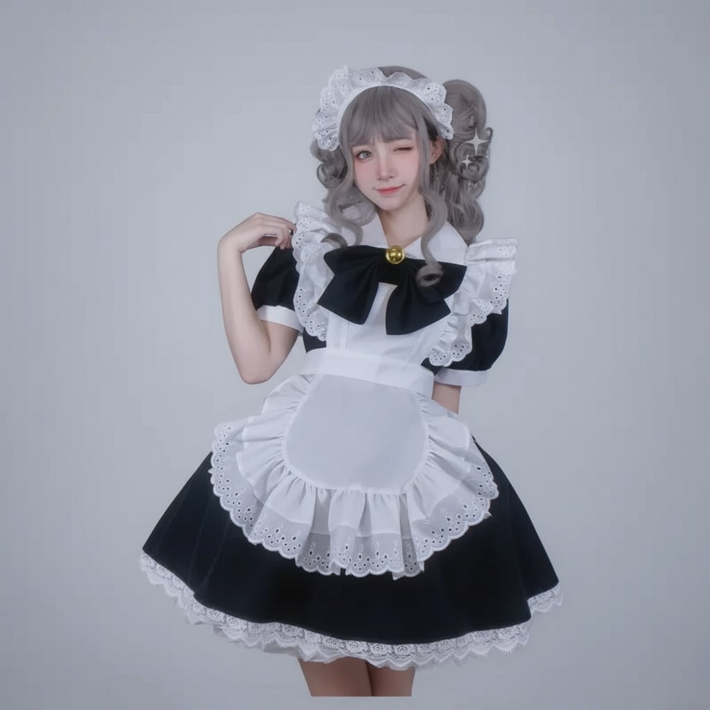 Thermabuild | Women's Halloween French Maid Costume Dress with Apron and Puff Sleeves for Plus Size Party