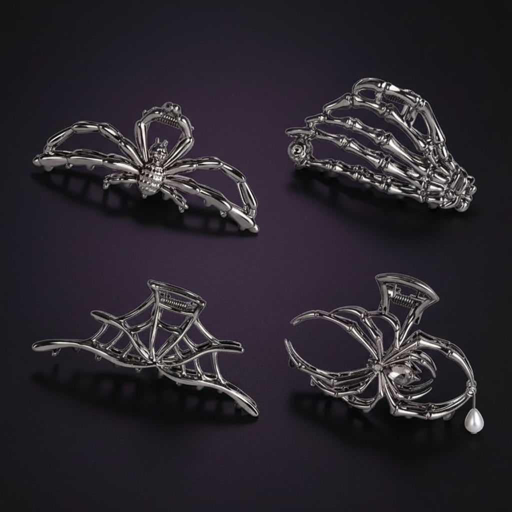 Thermabuild | Women's Halloween Hair Claw Clips with Skeleton Hand Bat Wing and Spiderweb Metal Decorative Design