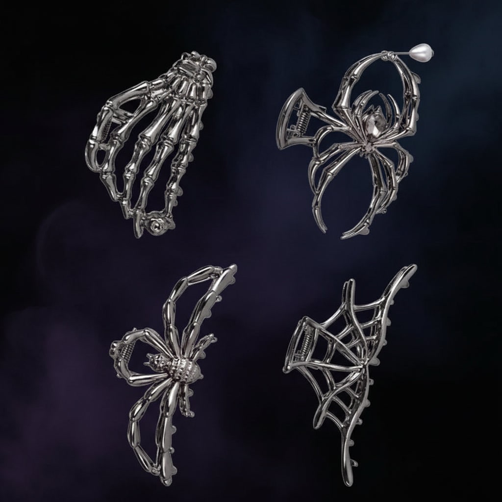 Thermabuild | Women's Halloween Hair Claw Clips with Skeleton Hand Bat Wing and Spiderweb Metal Decorative Design