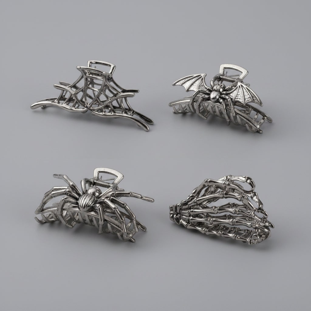 Thermabuild | Women's Halloween Hair Claw Clips with Skeleton Hand Bat Wing and Spiderweb Metal Decorative Design
