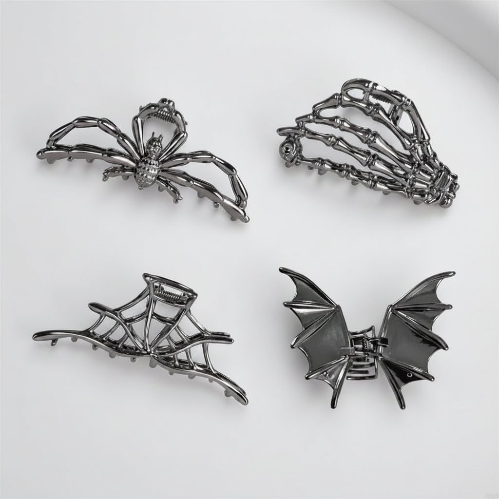 Thermabuild | Women's Halloween Hair Claw Clips with Skeleton Hand Bat Wing and Spiderweb Metal Decorative Design