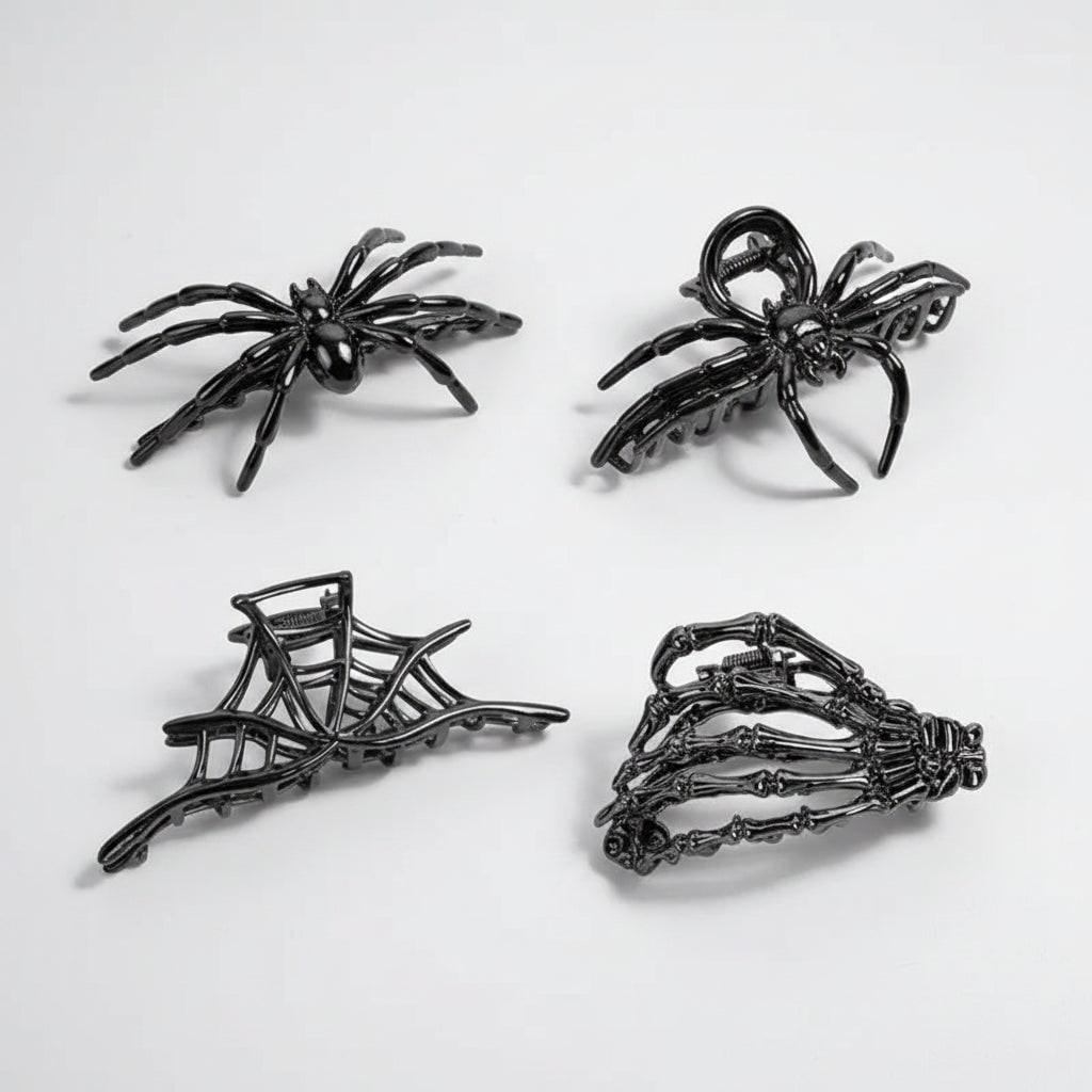 Thermabuild | Women's Halloween Hair Claw Clips with Skeleton Hand Bat Wing and Spiderweb Metal Decorative Design