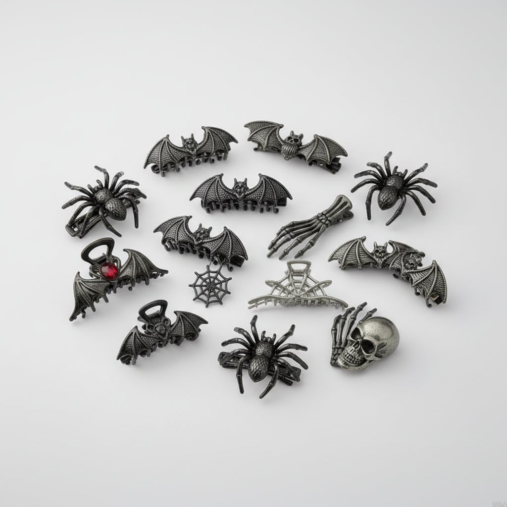 Thermabuild | Women's Halloween Hair Claw Clips with Skeleton Hand Bat Wing and Spiderweb Metal Decorative Design