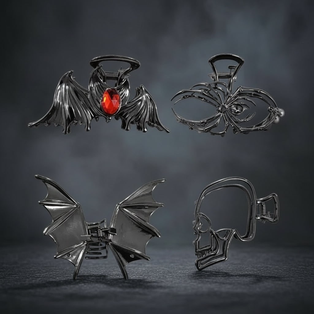 Thermabuild | Women's Halloween Hair Claw Clips with Skeleton Hand Bat Wing and Spiderweb Metal Decorative Design