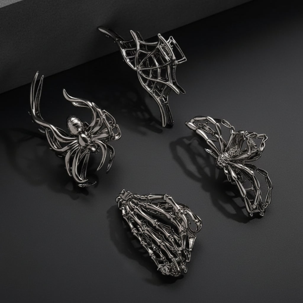 Thermabuild | Women's Halloween Hair Claw Clips with Skeleton Hand Bat Wing and Spiderweb Metal Decorative Design