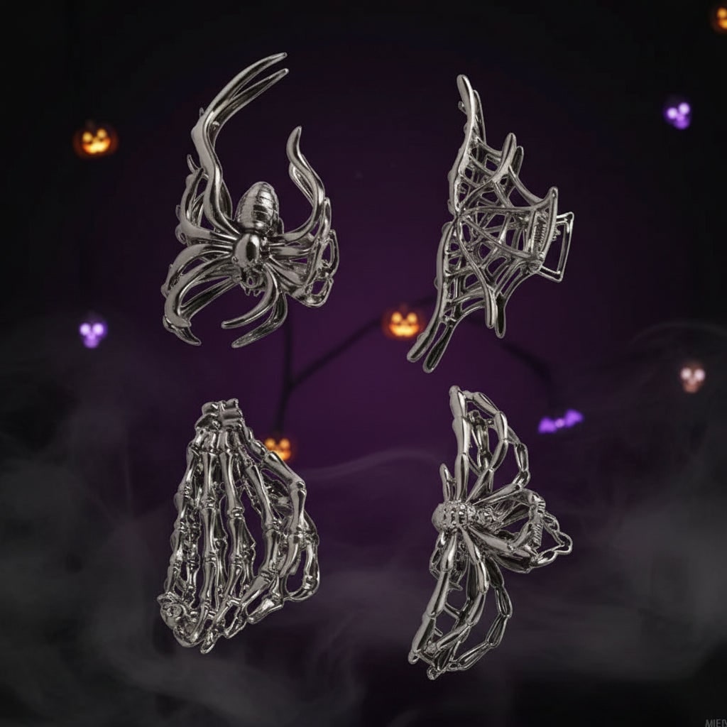 Thermabuild | Women's Halloween Hair Claw Clips with Skeleton Hand Bat Wing and Spiderweb Metal Decorative Design