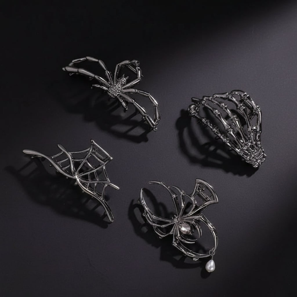 Thermabuild | Women's Halloween Hair Claw Clips with Skeleton Hand Bat Wing and Spiderweb Metal Decorative Design