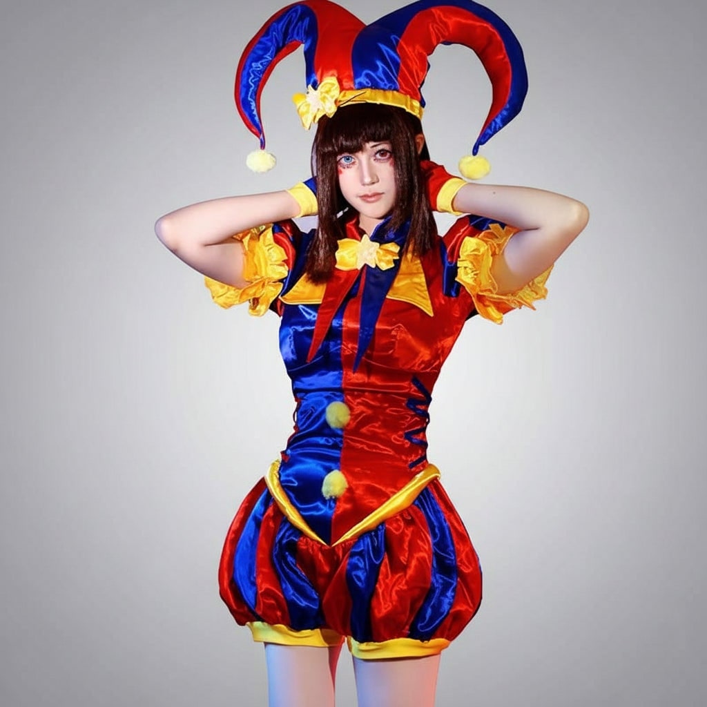 Thermabuild | Women's Halloween Jester Costume Outfit with Hat and Gloves Medieval Renaissance Court Party
