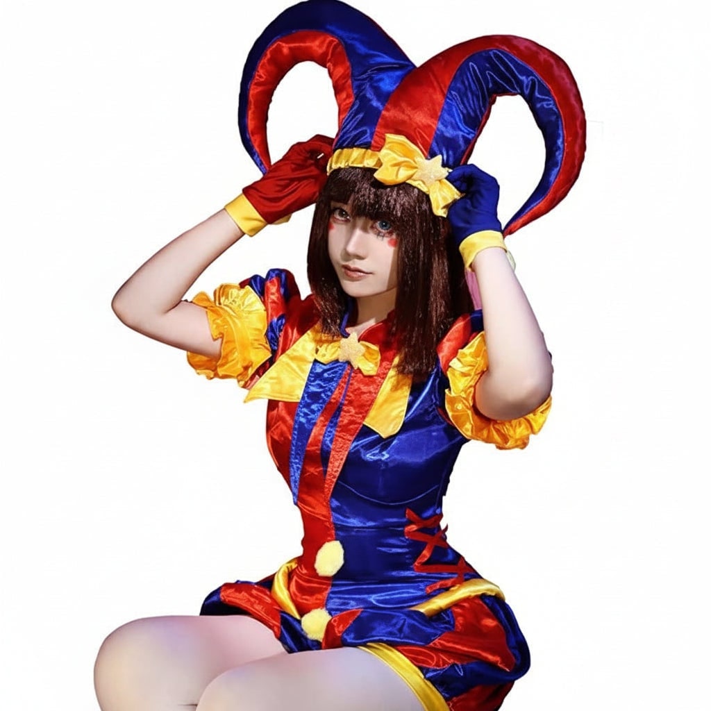 Thermabuild | Women's Halloween Jester Costume Outfit with Hat and Gloves Medieval Renaissance Court Party