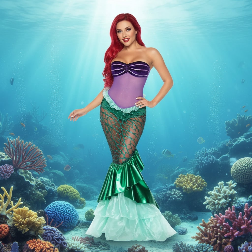Thermabuild | Women's Halloween Mermaid Costume Dress with Sequins Strapless Sweetheart Neckline and Lace-Up Corset Back